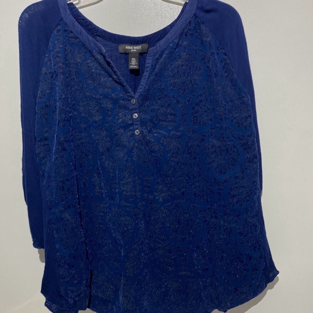 Nine West Jeans Women's Blue Floral Split Neck Rolltab 3/4 Sleeve Blouse Sz XXL
